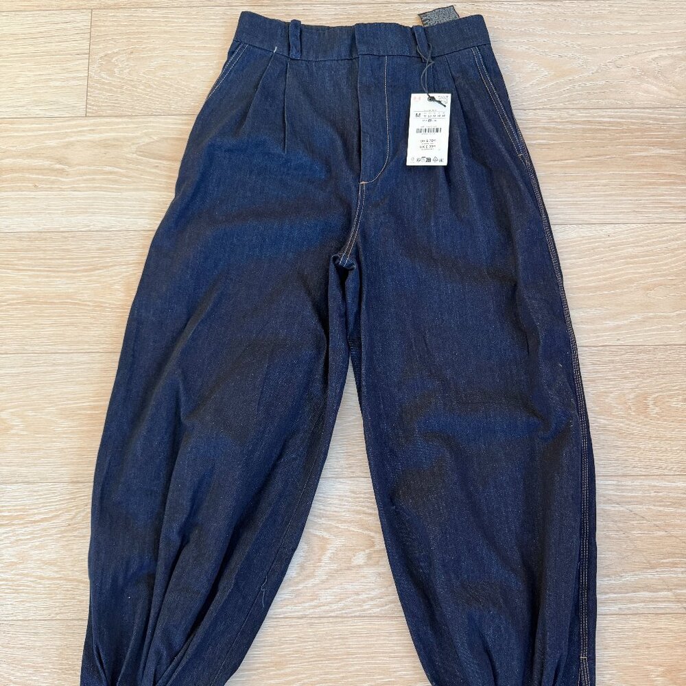 ZARA Denim Balloon Pants Blue Mid-Rise Cuffed Hem, barrel pant M (NWT)